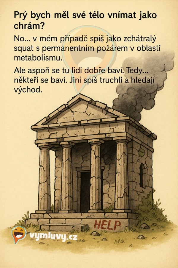 Prý bych měl své tělo vnímat jako chrám?

No… v mém případě spíš jako zchátralý squat s permanentním požárem v oblasti metabolismu.

Ale aspoň se tu lidi dobře baví. Tedy… někteří se baví. Jiní spíš truchlí a hledají východ.