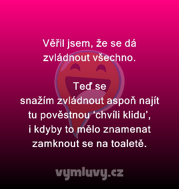 Věřil jsem, že se dá zvládnout všechno.

Teď se
snažím zvládnout aspoň najít tu pověstnou ‘chvíli klidu’, i kdyby to mělo znamenat zamknout se na toaletě.