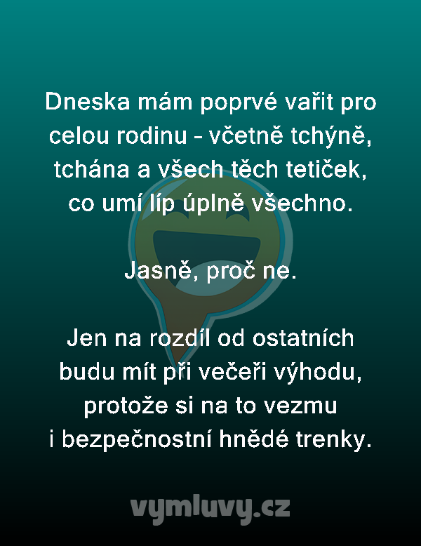 Dneska mám poprvé vařit pro celou rodinu – včetně tchýně, tchána a všech těch tetiček, co umí líp úplně všechno.

Jasně, proč ne.

Jen na rozdíl od ostatních budu mít při večeři výhodu, protože si na to vezmu i bezpečnostní hnědé trenky.