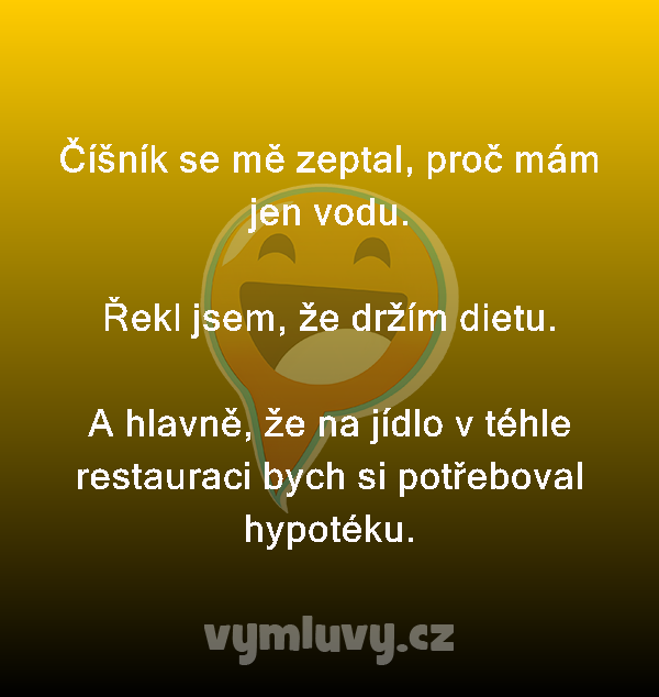 Číšník se mě zeptal, proč mám jen vodu.

Řekl jsem, že držím dietu.

A hlavně, že na jídlo v téhle restauraci bych si potřeboval hypotéku.