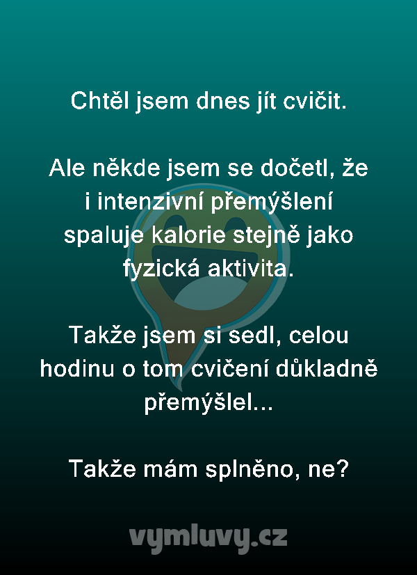 Chtěl jsem dnes jít cvičit.

Ale někde jsem se dočetl, že i intenzivní přemýšlení spaluje kalorie stejně jako fyzická aktivita.

Takže jsem si sedl, celou hodinu o tom cvičení důkladně přemýšlel...
Takže mám splněno, ne?