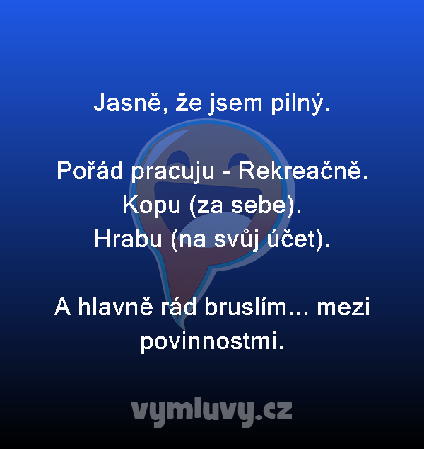 Jasně, že jsem pilný.

Pořád pracuju - Rekreačně.
Kopu (za sebe).
Hrabu (na svůj účet).

A hlavně rád bruslím... mezi povinnostmi.