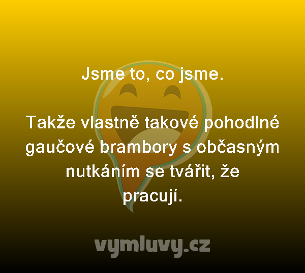 Jsme to, co jsme.

Takže vlastně takové pohodlné gaučové brambory s občasným nutkáním se tvářit, že pracují.