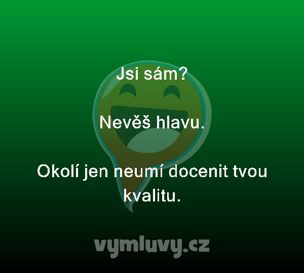 Jsi sám?

Nevěš hlavu.

Okolí jen neumí docenit tvou kvalitu. 