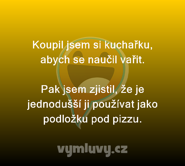 Koupil jsem si kuchařku, abych se naučil vařit.

Pak jsem zjistil, že je jednodušší ji používat jako podložku pod pizzu.