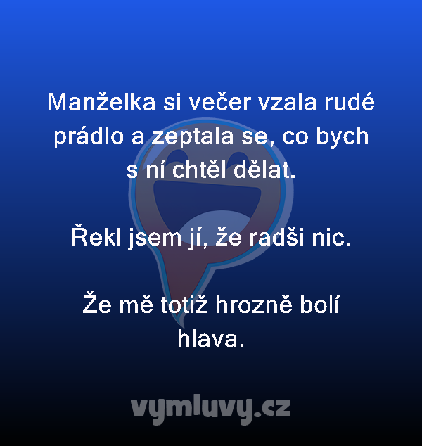 Manželka si večer vzala rudé prádlo a zeptala se, co bych s ní chtěl dělat.

Řekl jsem jí, že radši nic.

Že mě totiž hrozně bolí hlava. 