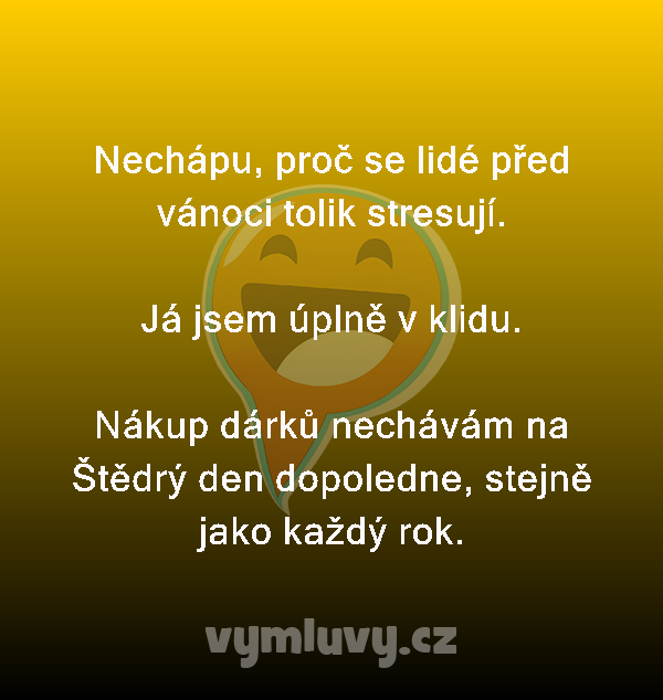 Nechápu, proč se lidé před vánoci tolik stresují.

Já jsem úplně v klidu.

Nákup dárků nechávám na Štědrý den dopoledne, stejně jako každý rok.