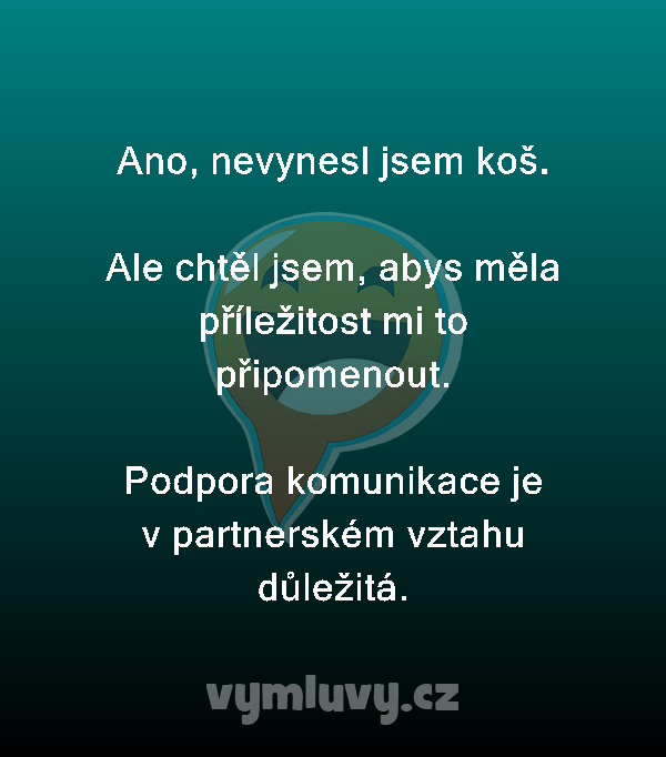 Ano, nevynesl jsem koš.

Ale chtěl jsem, abys měla příležitost mi to připomenout.

Podpora komunikace je v partnerském vztahu důležitá.