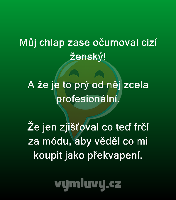 Můj chlap zase očumoval cizí ženský!

A že je to prý od něj zcela profesionální.

Že jen zjišťoval co teď frčí za módu, aby věděl co mi koupit jako překvapení.