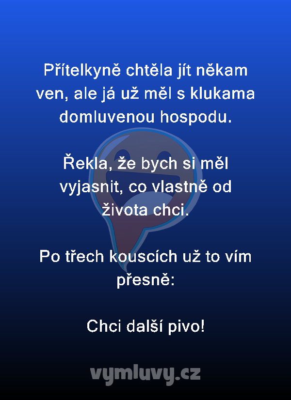 Přítelkyně chtěla jít někam ven, ale já už měl s klukama domluvenou hospodu.

Řekla, že bych si měl vyjasnit, co vlastně od života chci.

Po třech kouscích už to vím přesně:
Chci další pivo!