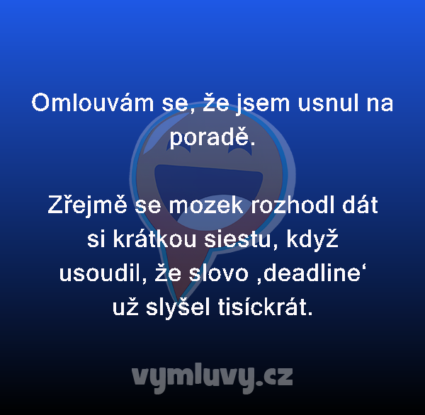 Omlouvám se, že jsem usnul na poradě.

Zřejmě se mozek rozhodl dát si krátkou siestu, když usoudil, že slovo ‚deadline‘ už slyšel tisíckrát.