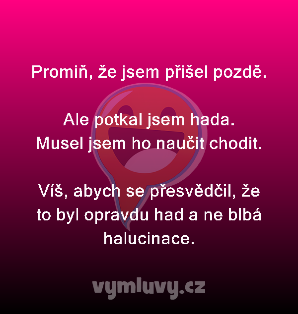 Promiň, že jsem přišel pozdě.

Ale potkal jsem hada.
Musel jsem ho naučit chodit.

Víš, abych se přesvědčil, že to byl opravdu had a ne blbá halucinace.