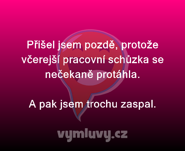 Přišel jsem pozdě, protože včerejší pracovní schůzka se nečekaně protáhla. 
A pak jsem trochu zaspal. 