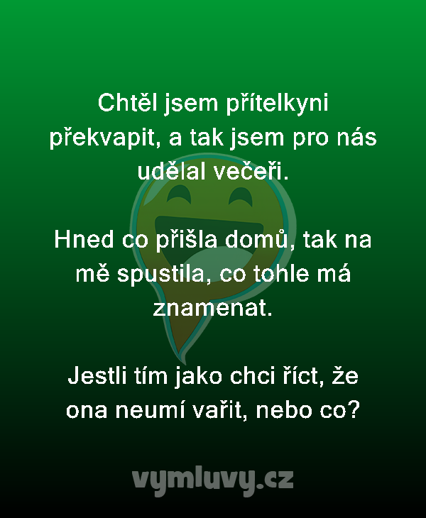 Chtěl jsem přítelkyni překvapit, a tak jsem pro nás udělal večeři.

Hned co přišla domů, tak na mě spustila, co tohle má znamenat.

Jestli tím jako chci říct, že ona neumí vařit, nebo co?