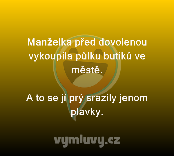 Manželka před dovolenou vykoupila půlku butiků ve městě.

A to se jí prý srazily jenom plavky. 