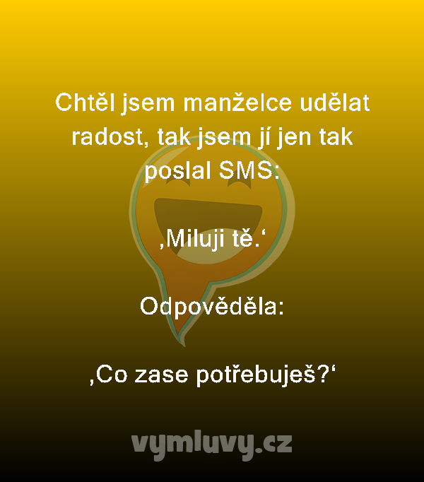 Chtěl jsem manželce udělat radost, tak jsem jí jen tak poslal SMS:

‚Miluji tě.‘

Odpověděla:
‚Co zase potřebuješ?‘