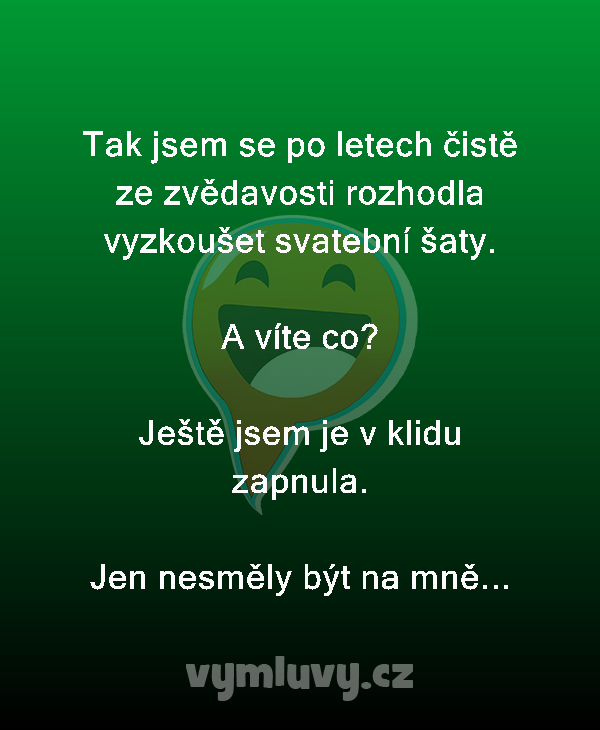 Tak jsem se po letech čistě ze zvědavosti rozhodla vyzkoušet svatební šaty.

A víte co? 

Ještě jsem je v klidu zapnula.
Jen nesměly být na mně... 