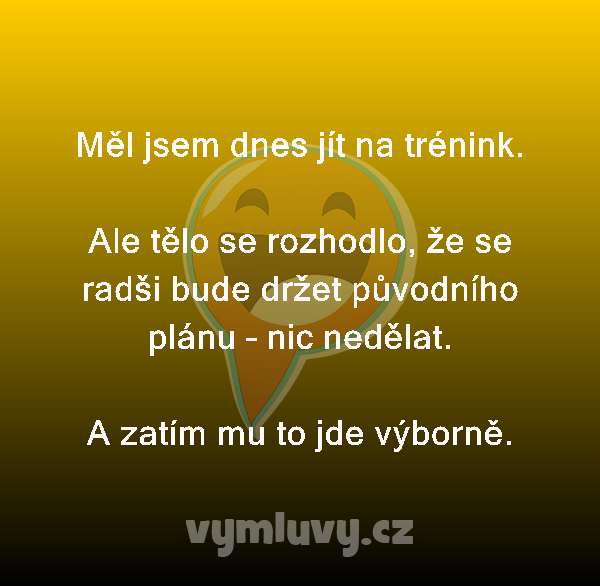 Měl jsem dnes jít na trénink.

Ale tělo se rozhodlo, že se radši bude držet původního plánu – nic nedělat.
A zatím mu to jde výborně.