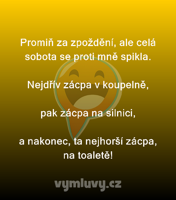 Promiň za zpoždění, ale celá sobota se proti mně spikla. 

Nejdřív zácpa v koupelně,

pak zácpa na silnici,

a nakonec, ta nejhorší zácpa, na toaletě!