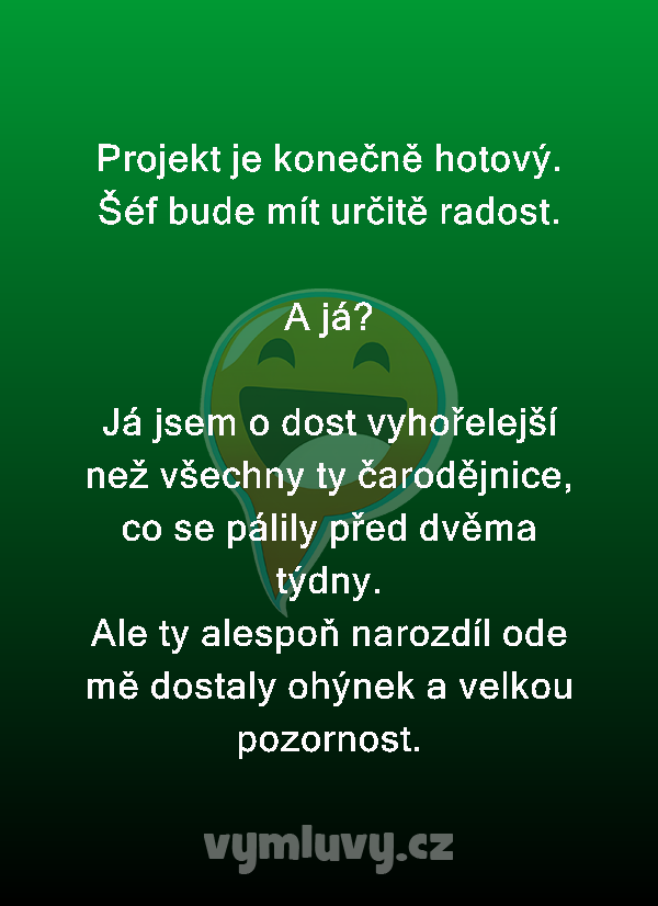 Projekt je konečně hotový. Šéf bude mít určitě radost. 

A já?

Já jsem o dost vyhořelejší než všechny ty čarodějnice, co se pálily před dvěma týdny.
Ale ty alespoň narozdíl ode mě dostaly ohýnek a velkou pozornost.