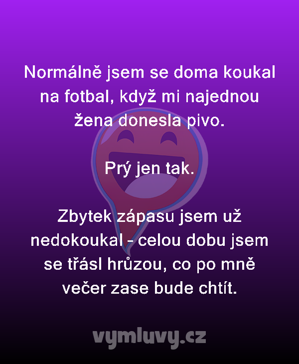 Normálně jsem se doma koukal na fotbal, když mi najednou žena donesla pivo.

Prý jen tak.

Zbytek zápasu jsem už nedokoukal – celou dobu jsem se třásl hrůzou, co po mně večer zase bude chtít.