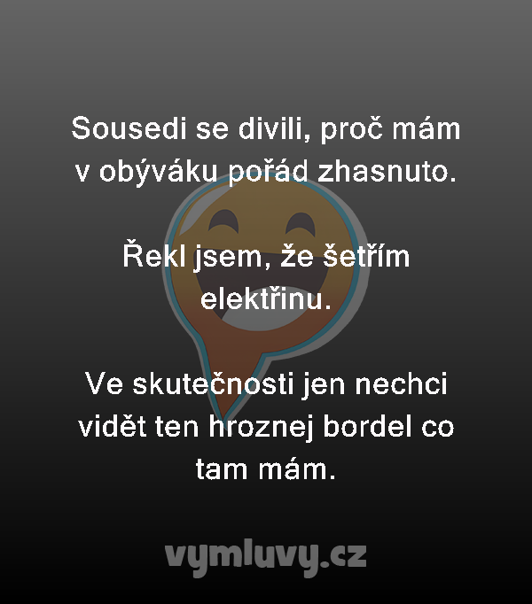 Sousedi se divili, proč mám v obýváku pořád zhasnuto.

Řekl jsem, že šetřím elektřinu.

Ve skutečnosti jen nechci vidět ten hroznej bordel co tam mám.